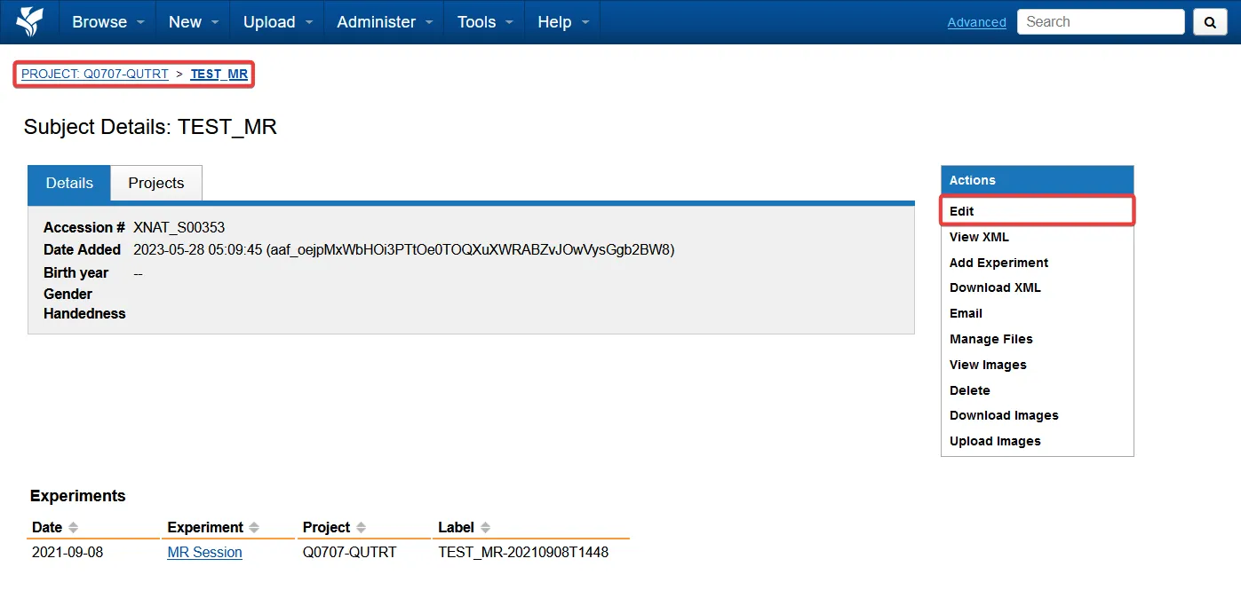 Edit subject actions panel