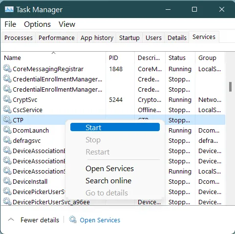 Start CTP Windows service